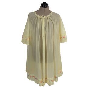 Van Raalte Peignoir Robe Womens Small Yellow Sheer Nylon Lace Babydoll 50s 60s